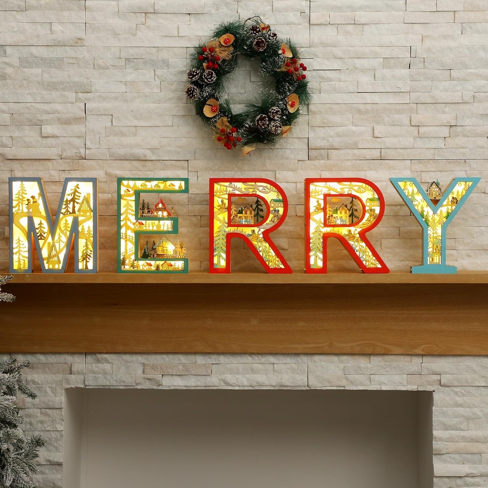 NWT AceOrbit 5Pc Christmas LED Wooden Letters MERRY Tabletop Decor‎